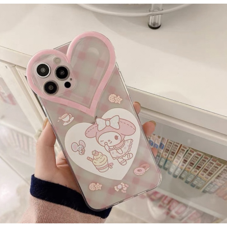 Here Comes / Sanrio My Melody Heart Checkered Pink Jelly Clear Phone case compatible for iPhone 13 12 11 pro max XR XS X SE3 SE2