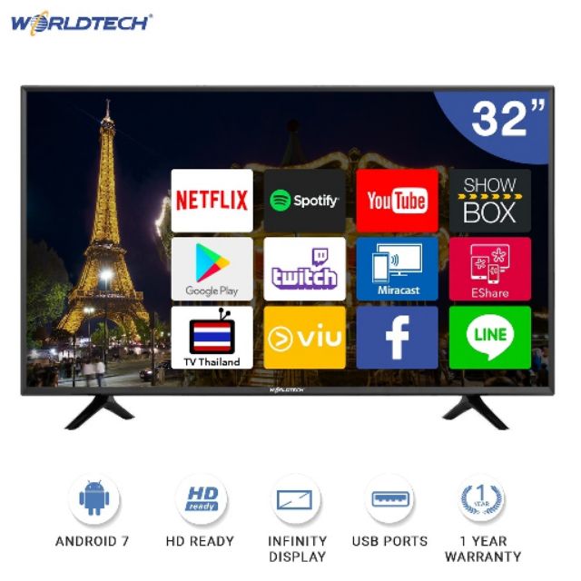 Worldtech 32 นิ้ว Infinity Display แอนดรอย สมาร์ท ทีวี HD Ready