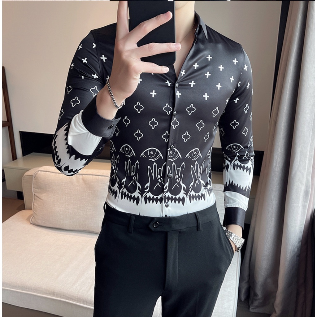 2021 new Fashion Design  British Style Retro Floral Printed Mens Long Sleeve Dress Casual Formal Shirt #2