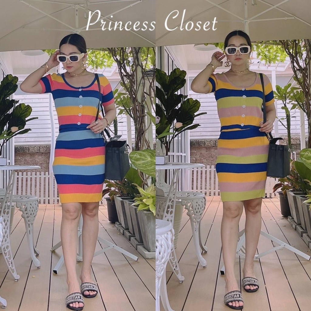 bybeyond ชุดเซ็ตไหมพรม มีกระดุมติด ลายริ้ว ผ้าใส่สบาย เสื้อกระโปรง ฮิต ...