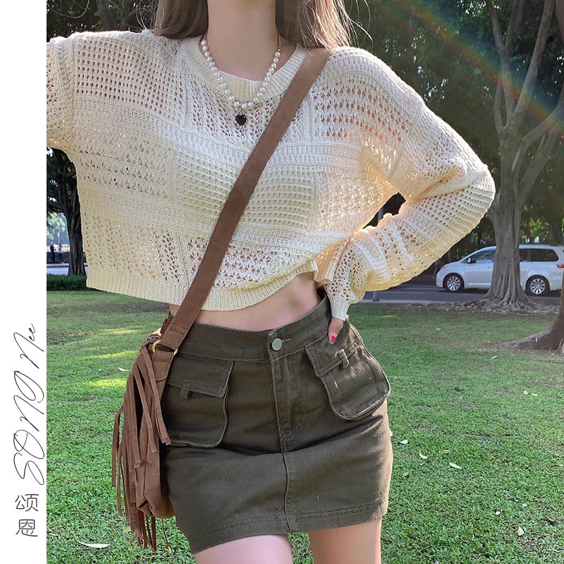 X-Y เสื้อไหมพรมแบบถัก แขนยาวคอกลมซีทรูเบาๆ ใส่สบายระบายดีมากสวยงาม oversize