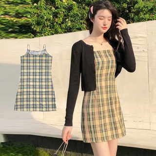 💥HOT SALE💥มินิเดรสสายเดี่ยวผ้าคอตตอนบางเบา ลายสก็อตโทนสีแอปริคอท