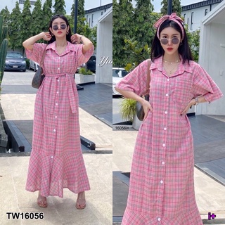 TW16056 Maxi Dress เดรสเชิ้ต แขนสั้น ชายระบาย กระดุมผ่าหน้าทั้งชุด มาพร้อมสายผูกเอว มีกระเป๋าล้วงข้าง เนื้อผ้าทอลายสก็อต