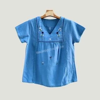 เสื้อผู้หญิงคอวีถักคู่ งานปักดอกมะลิ สีสันใสสวยงามหน้าสวมใส่ ใสสบายไม่ร้อน แห้งง่าย เย็นสบาย สีไม่ตกไม่หด ใส่อยู่บ้าน