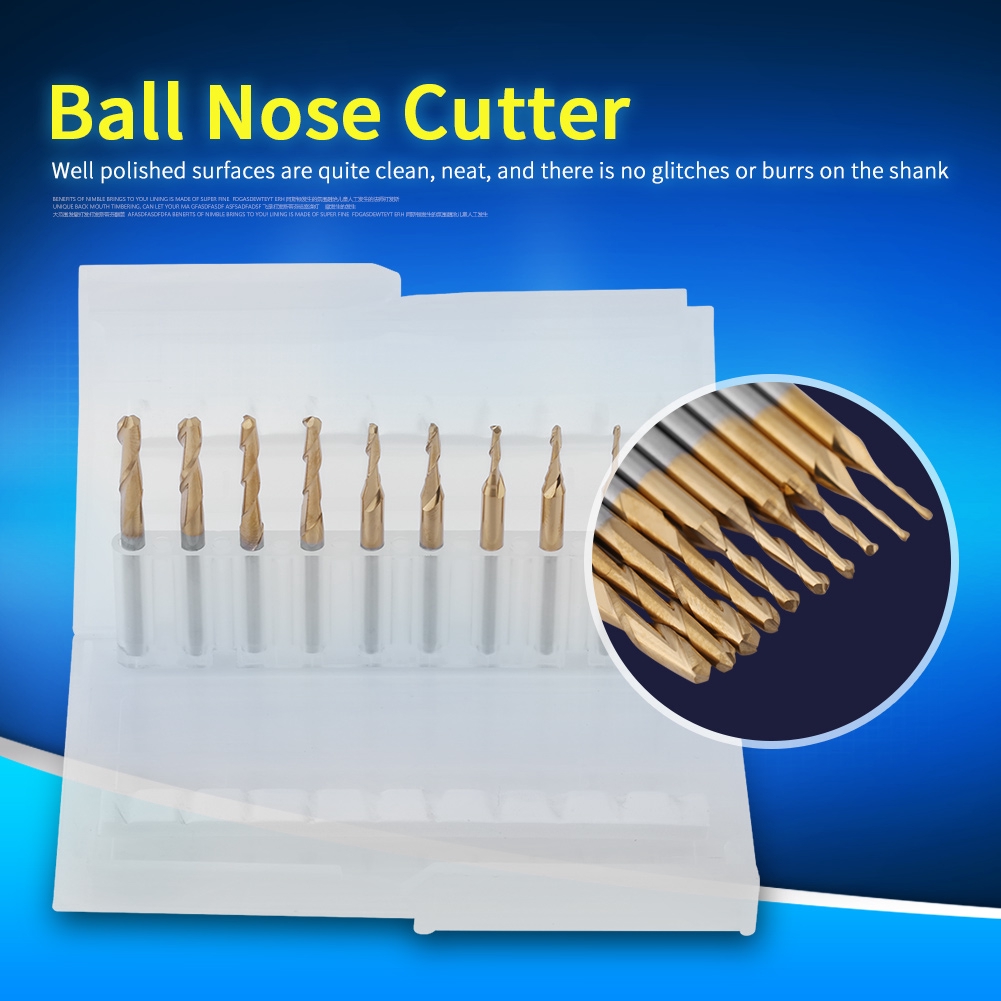 10pcs3.175mm Shank Titanium Coated Ball Nose End Milling Cutter Set 1mm - View #9