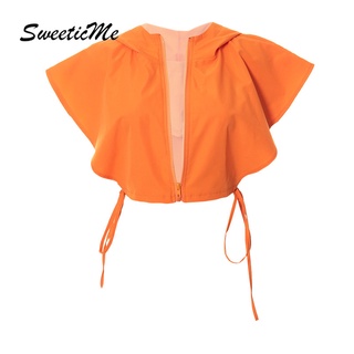 Sweeticme เสื้อยืดแขนสั้น มีฮู้ด แต่งซิป สีพื้น สําหรับผู้หญิง 2022