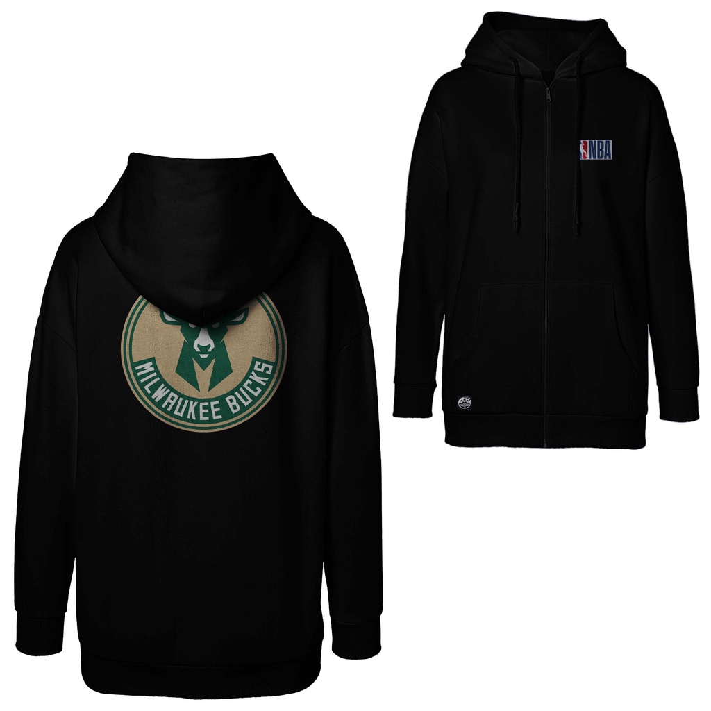 เสื้อสเวตเตอร์มีฮู้ดซิปบาสเก็ตบอล Milwaukee Bucks ขนาดปกติ จัมโบ้ และโอเวอร์ไซส์ M-5XL