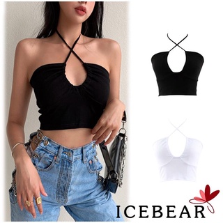 Ice- เสื้อครอปท็อปแขนกุดสีพื้นเซ็กซี่สําหรับผู้หญิง