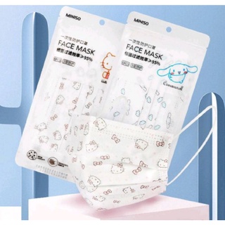 หน้ากากอนามัย FACE MASK งาน SANRIO ลิขสิทธิ์ MINISO 1 ซอง บรรจุ 10 ชิ้นความหนา 3 ชั้นราคา 100  บาท