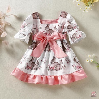 JOP-Baby Girl´s Dress, Rabbit Flower Print Puff Short Sleeve Square Neck Ruffle Hem Baby Toddler Kid Girl Dress