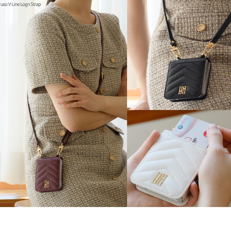 หนังเกาหลี GALAXY{Z Flip7/Z Flip6/Z5/Z4/3}เคสโทรศัพท์ Card Pocket Diary สายสะพาย V Line