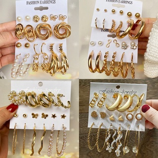 12pcs/set Fashion Geometric Golden Moon Shape Stud Earrings Pearl Circle Pendant Earrings Woman Jewelry Accessories