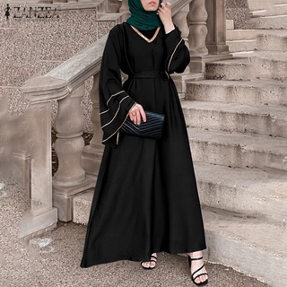 ZANZEA Women Muslim Elegant Casual Flare Sleeve V-Neck Lace-Up Loose Long Dress