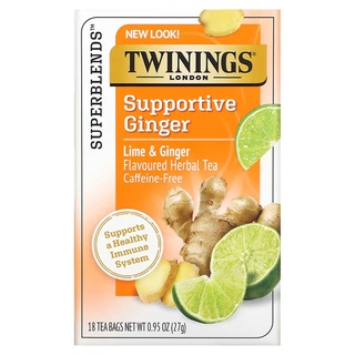 ขายแยกซอง 1.5 กรัม Twinings, Supportive Ginger, Herbal Tea, Lime &amp; Ginger ไม่มีคาเฟอีน