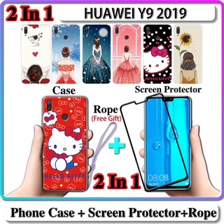 2 IN 1 เคส HUAWEI Y9 2019 เคส พร้อมกระจกนิรภัยโค้ง ป้องกันหน้าจอเซรามิค สําหรับเด็กผู้หญิง และคิตตี้