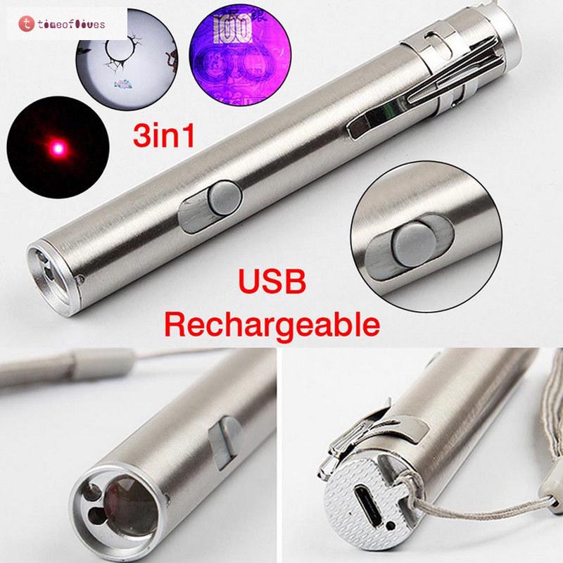 TF▶ New 3 in1 Mini USB Rechargeable LED Laser UV Torch Pen Flashlight Multifunction Lamp