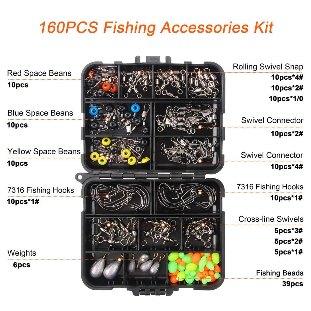 Bolehdeals 160 ชิ้นอุปกรณ์ตกปลา Jig Hooks Swivels Snaps Fishing Tackle Box