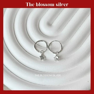 Hoop Star white | ต่างหูห่วงห้อยดาว สีขาว กว้าง12 มิล หนา 1.5 มิล (ต่อคู่) เงินแท้92.5% เหมาะสำหรับผู้ที่แพ้ง่าย