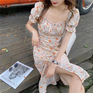 Fashion 🌼ชุดเดรสลายดอก พร้อมส่ง แนวสาวเกาหลี เซ็กซี่ ผู้ดี เดรสทรงยาวผ่าข้างเลยหัวเข่า ผ้านิ่ม  8945