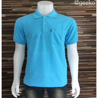 polo shirt คอปกสีฟ้าทะเล แขนสั้น สีพื้นแบบชาย เป็นทรงตรงมาตรฐาน มีกระเป๋าที่หน้าอก Men Polo Shirts