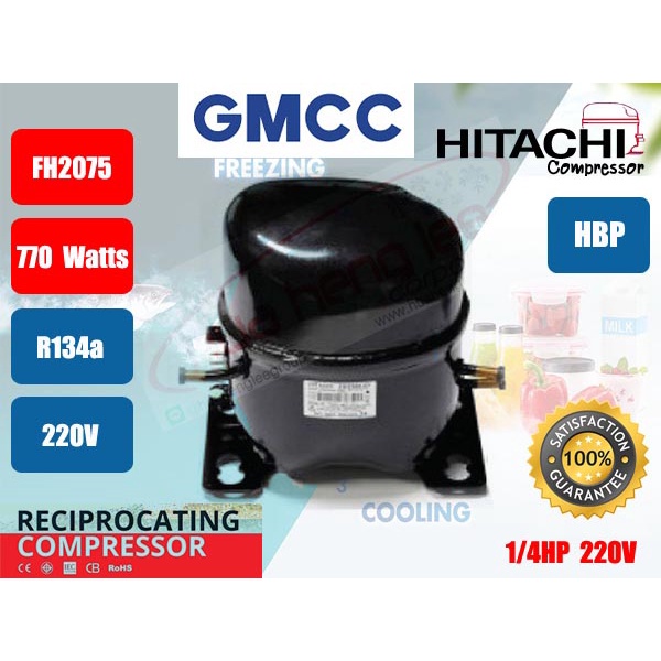 คอมเพรสเซอร์ ตู้เย็น GMCC (HITACHI)  รุ่นFH2075-SW ขนาด1/4HP R134a (แคปรัน 10ไมโคร +แคปสตาร์ท 60ไมโค