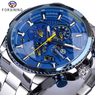 Forsining Blue Ocean Design Silver Steel 3 Dial Calendar Display Mens Automatic Mechanical Sport Wrist Watches Top Brand