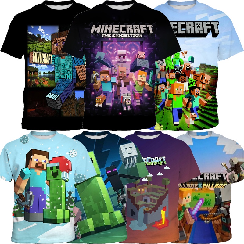 เสื้อยืดพิมพ์ลายเด็ก Minecraft Sandbox รูปแบบเกม 3D การพิมพ์เสื้อยืดแฟชั่นเด็กผู้ชาย