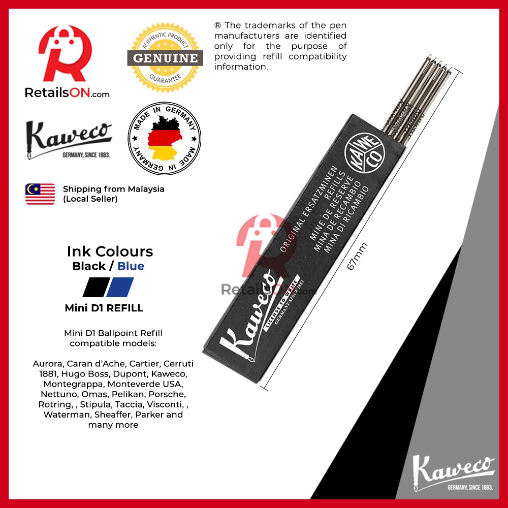 Kaweco Refill D1 for Mini Ballpoint Pens - สีดํา/น้ําเงิน | ไส้ปากกาลูกลื่นขนาดเล็กมาตรฐาน D1