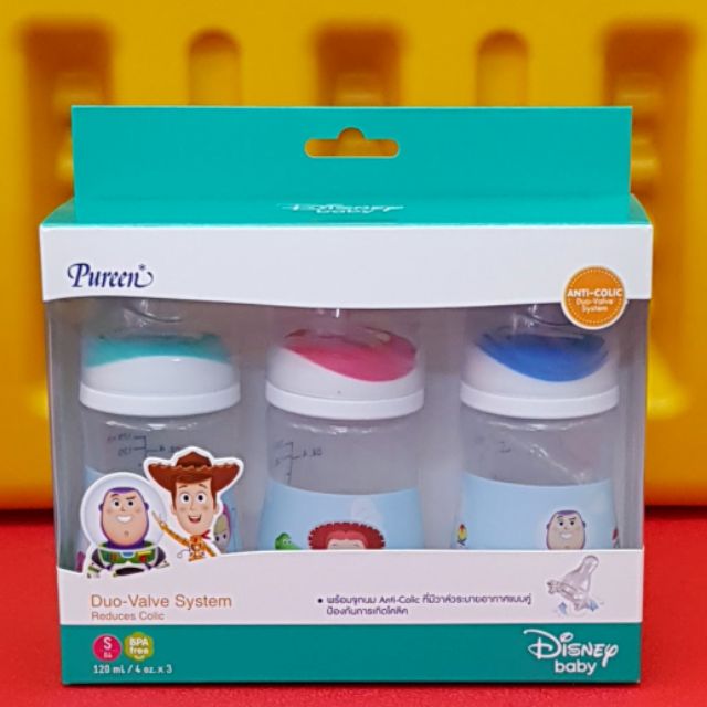 3.3 ขวดนมลิขสิทธิ์เพียวรีน 4oz คอแคบ(pp)ลาย Toy story แพค3ขวด
