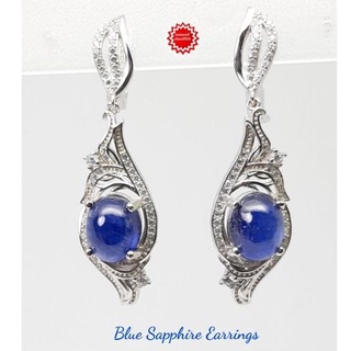 ต่างหู ไพลิน Blue Sapphire พลอยแท้ หลังเบี้ย รูปไข่ ขนาดพลอย 8 มม. น้ำเงินเข้มๆ ตัวเรือนเงินแท้ 925