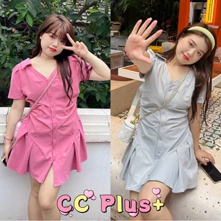 CiCi Plus+(3021)มินิเดรสคอปกกระดุมหน้าดีเทลแต่งระบายชายใส่แล่วดูเพียวเวอร์เสื้อผ้าสาวอวบ plus-size