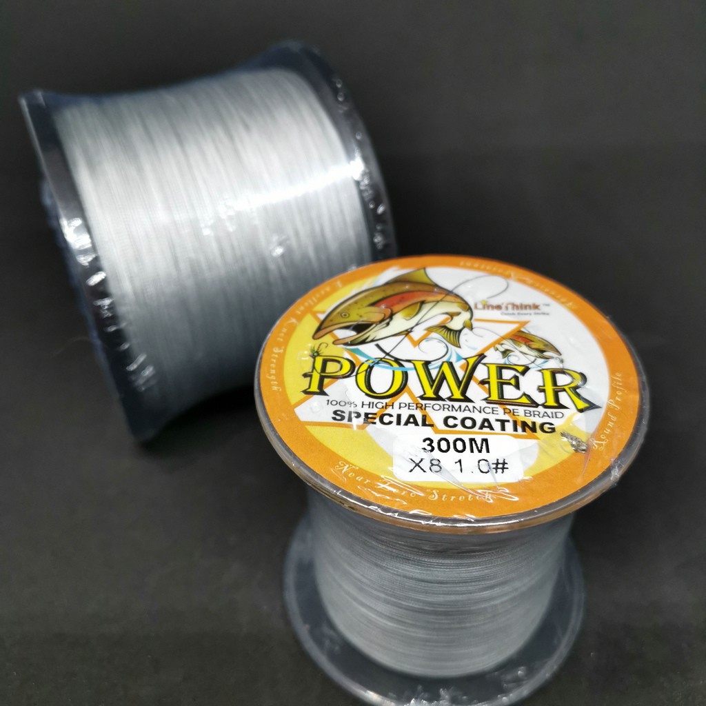 POWER 300เมตร สายตกปลา 100% PE ถัก8เส้น ( X8) เบอร์ 1.0 2.0 3.0 4.0 5.0 6.0 8.0สีเทา เหนียวๆ
