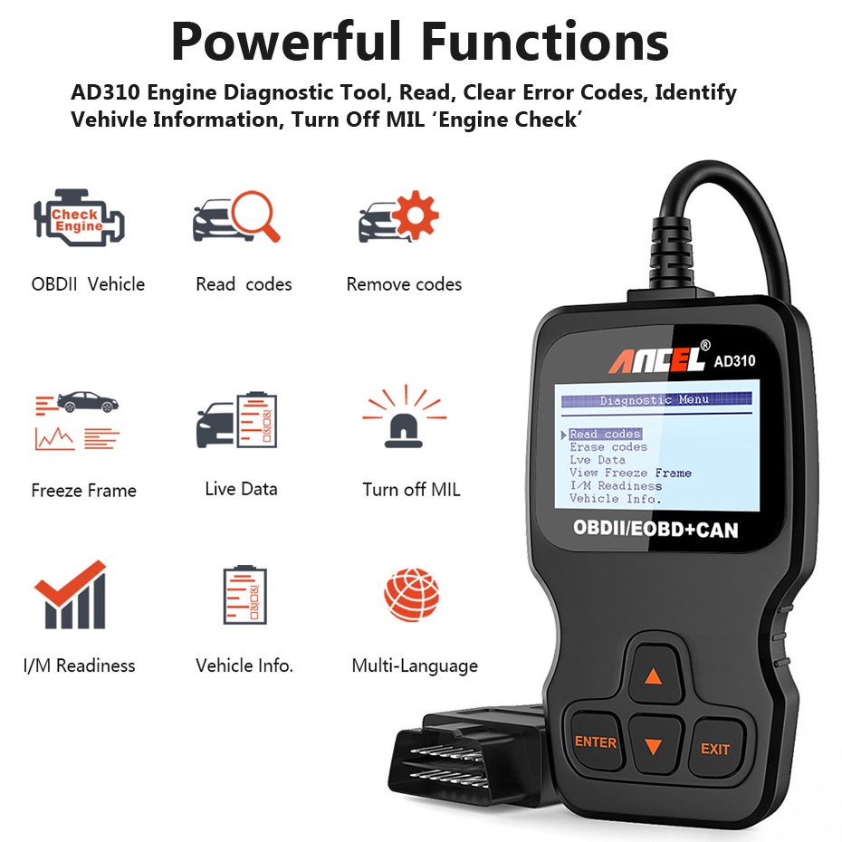 OBD2 เครื่องสแกนเนอร์ Ancel AD310 ODB2 เครื่องสแกนเนอร์วินิจฉัยรถยนต์ OBD 2 รหัสสําหรับวินิจฉัยรถยนต