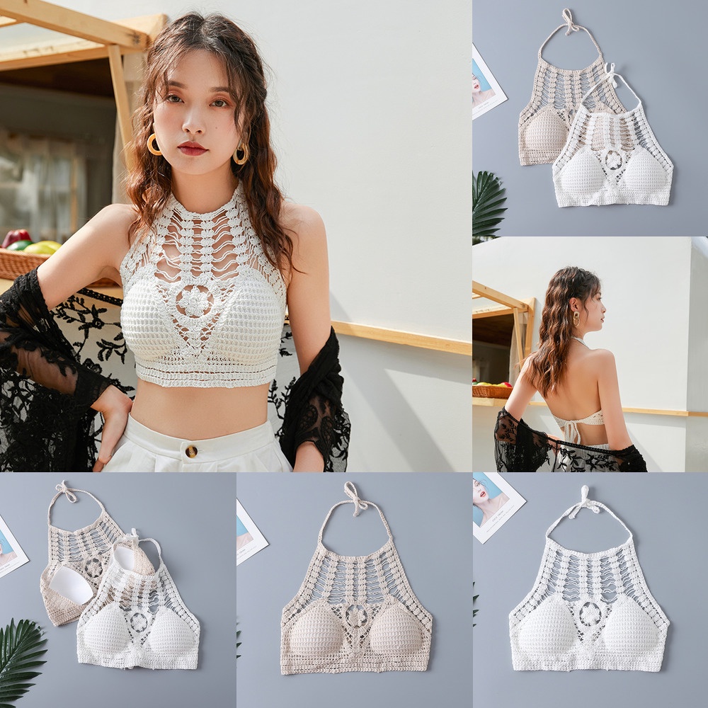 Spring Summer Cotton Slim Fit Camisole Hollow Out Cutout Solid Color White Women Vest