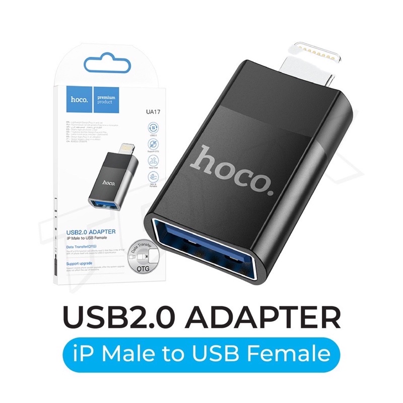 HOCO UA17 ip iP /Type-C  (ตัวผู้) เป็น (ตัวเมีย) USB 2.0 Adapter สีดำ OTG iP TO USB งานแท้