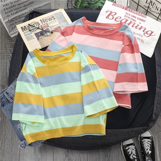 พร้อมส่ง เสื้อครอป เสื้อครอปแขนสั้น เสื้อลายทาง สไตล์เกาหลี สีพาสเทล น่ารักมาก LK956