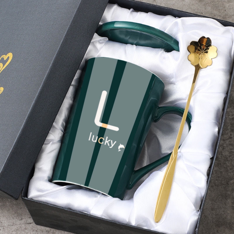 Ready Stock Simple mug with lid spoon Ceramic cup Korean student office ...