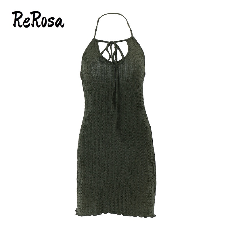 Rerosa ชุดเดรสจับจีบ คล้องคอ แต่งขอบเชื้อรา สําหรับผู้หญิง