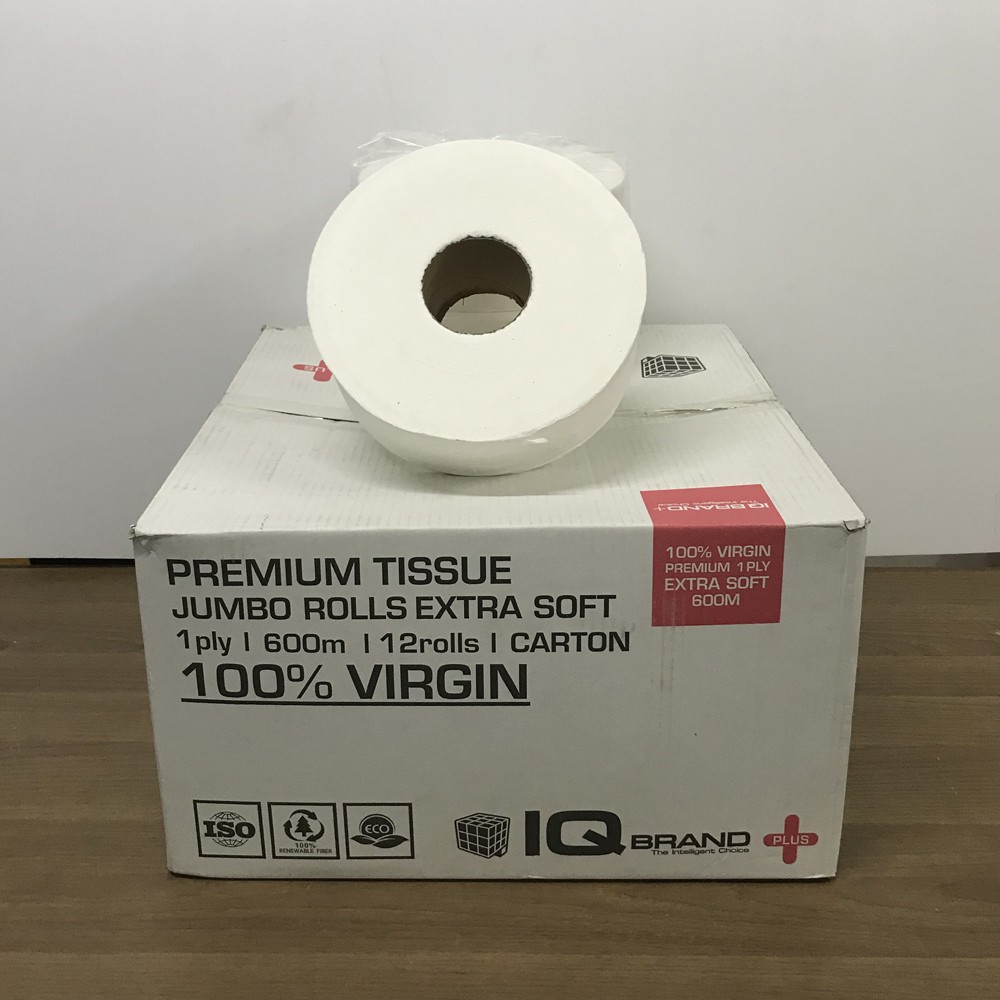 IQ BRAND กระดาษชำระม้วนใหญ่ (JRT) เยื่อกระดาษบริสุทธิ์ 100% ไม่มีลาย หนา 1 ชั้น ยาว 600 เมตร (จำนวน 