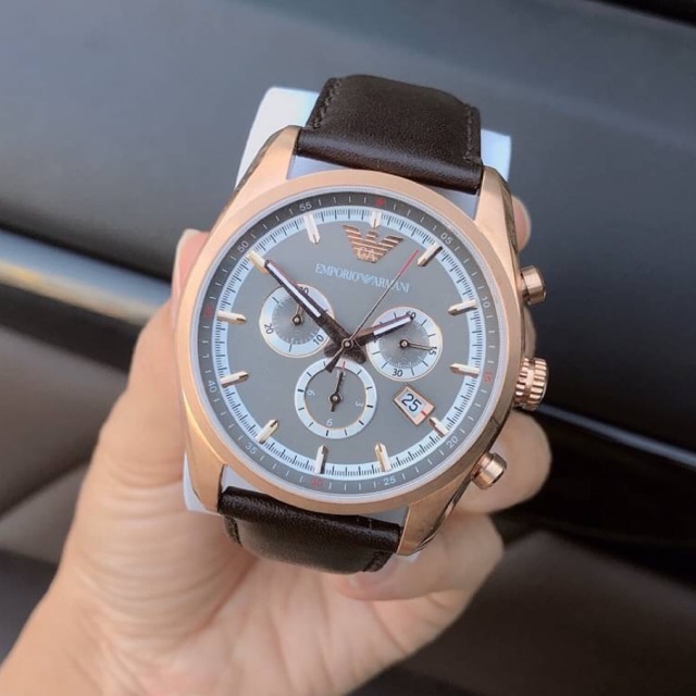 (ผ่อน0%)นาฬิกาข้อมือชาย EMPORIO ARMANI MEN'S AR6005 CHRONOGRAPH ROSE GOLD TONE WATCH สายหนังสีน้ำตาล