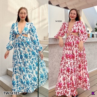 14183 แมกซี่เดรสแหวกอก แขนยาว เว้าเอว Maxi dress, open bust, long sleeves, show waist