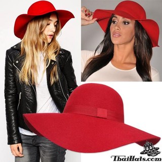 หมวกทรง Floppy Hat ปีกกว้าง หมวกทรง LADY ปีกกว้างผ้าสักหลาดคาดริบบิ้น #สีแดง* F5Ah18-0063