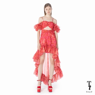 TandT - "RAVIOLI" Roma Heartbeat Printed Ruffle Trimmed High-Low Dress เดรสสายเดี่ยวหน้าสั้นหลังยาว