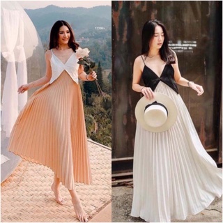 ** ส่งฟรี **Dress เดรสสายเดี่ยว กระโปรงแต่งอัดพลีท สีพื้นใส่ง่าย