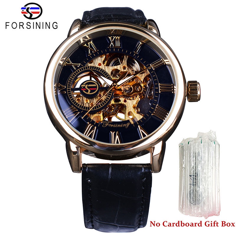 นาฬิกาForsining 3d Logo Design Hollow Engraving Black Gold Case Leather  Skeleton Mechanical Watches Men Luxury Brand Her | Shopee Thailand