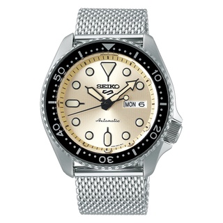 Karnvera Shop นาฬิกาข้อมือผู้ชาย Seiko 5 Sports Champagne Dial Stainless Steel Mesh Automatic SRPE75K1 Mens Watch