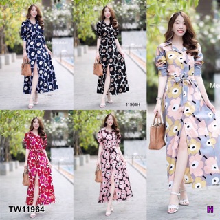 Maxi Dress เดรสเชิ้ตยาวติดกระดุมด้านหน้าเปิดได้ แขนยาว เนื้อผ้าไหมญี่ปุ่นลายดอกเมกโก๊ะ