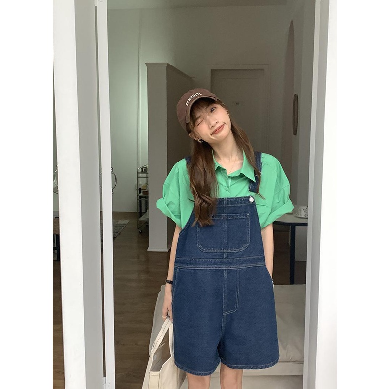 denim overalls เอี๊ยมยีนส์ขาสั้น สีเข้ม เกาหลีรุ่นหลวมขากว้าง กางเกงขาสั้น