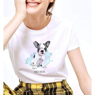 เสื้อยืดสีขาวทาสน้องหมาน้องแมว ลายFrench Bulldog