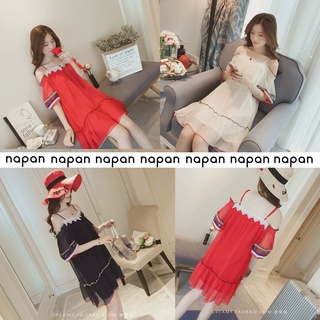 💗NEW💗ชุดเดรส ผ้าชีฟอง มีซับด้านใน สายเดี่ยวปรับได้ สไตล์เกาหลี